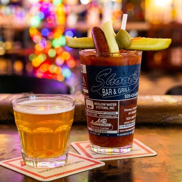 A Bloody Mary garnished with sausage, celery, and pickles next to a beer on a bar.