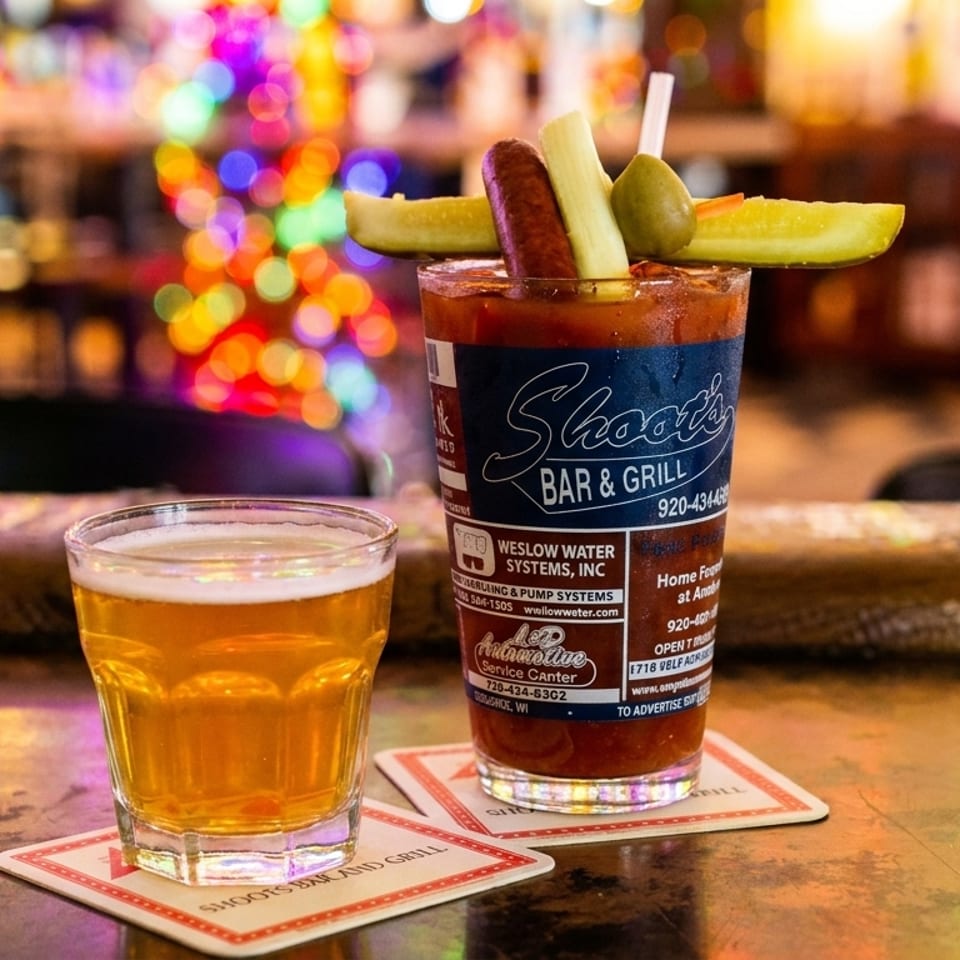 A Bloody Mary garnished with sausage, celery, and pickles next to a beer on a bar.